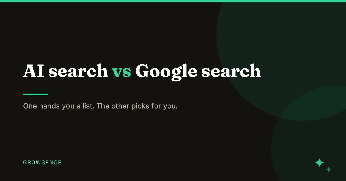 Dark article card reading AI search vs Google search, with vs in mint and the Growgence wordmark.