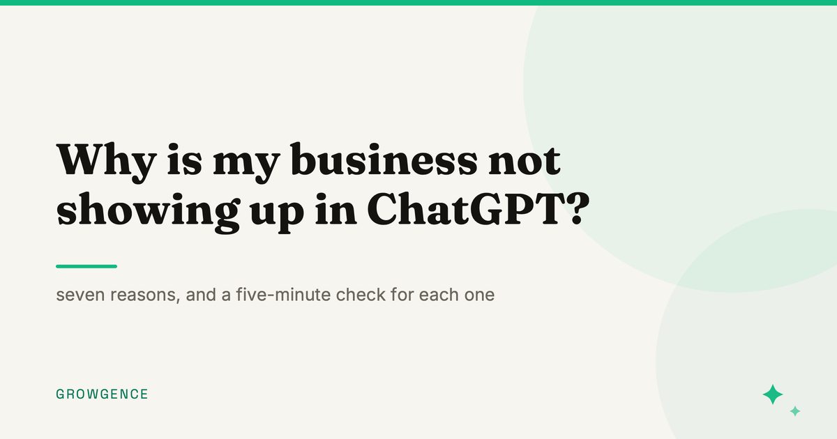 Article card reading Why is my business not showing up in ChatGPT, on cream with an emerald rule.